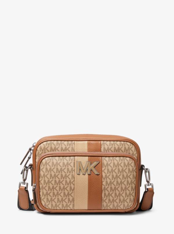 Panske Crossbody Kabelka Michael Kors Hudson Logo Stripe and Leather Hnede - Tasky Michael Kors Levně | ZENCP-0931